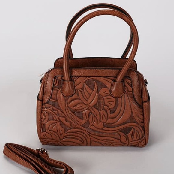 Western Floral Embossed Satchel~Brown Tooled - Picture 3 of 4
